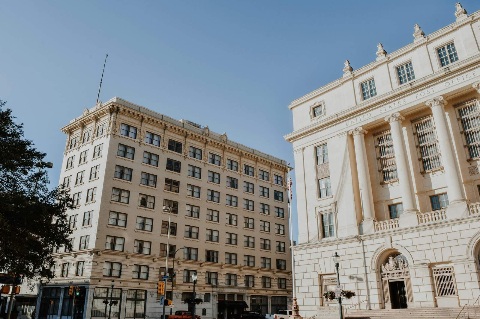 Historic stone office facades at a downtown San Antonio corner