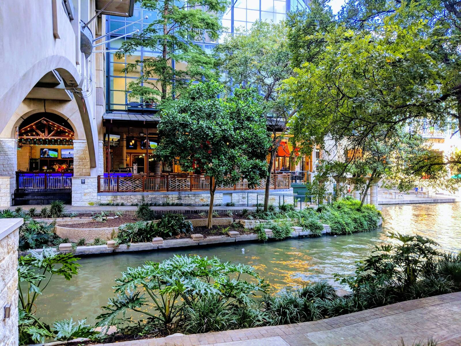 Landscaped canal and riverside terraces on the San Antonio River Walk