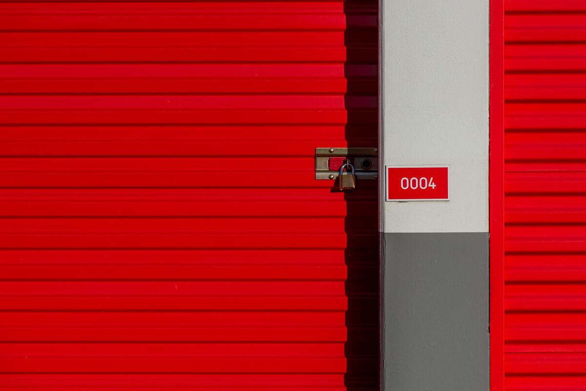 Numbered red roller door on a storage unit